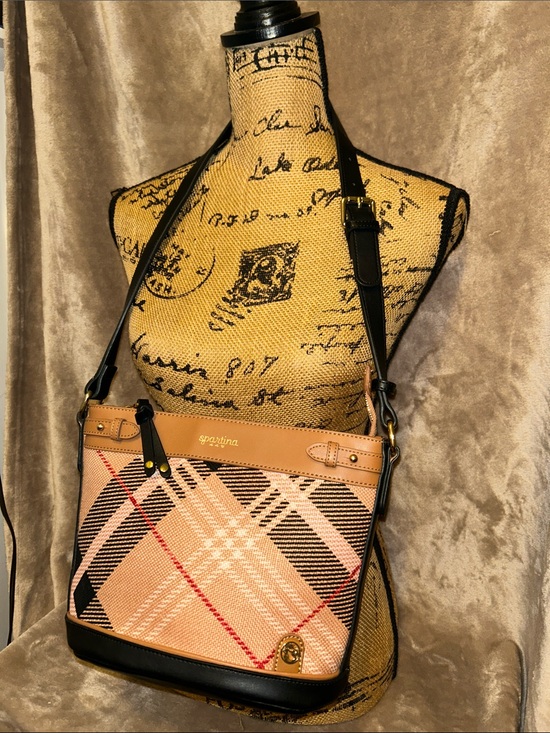 Spartina 449 Handbags - Spartina 449 Tan Nova Plaid Linen Leather Preppy Crossbody Bucket Tote Bag